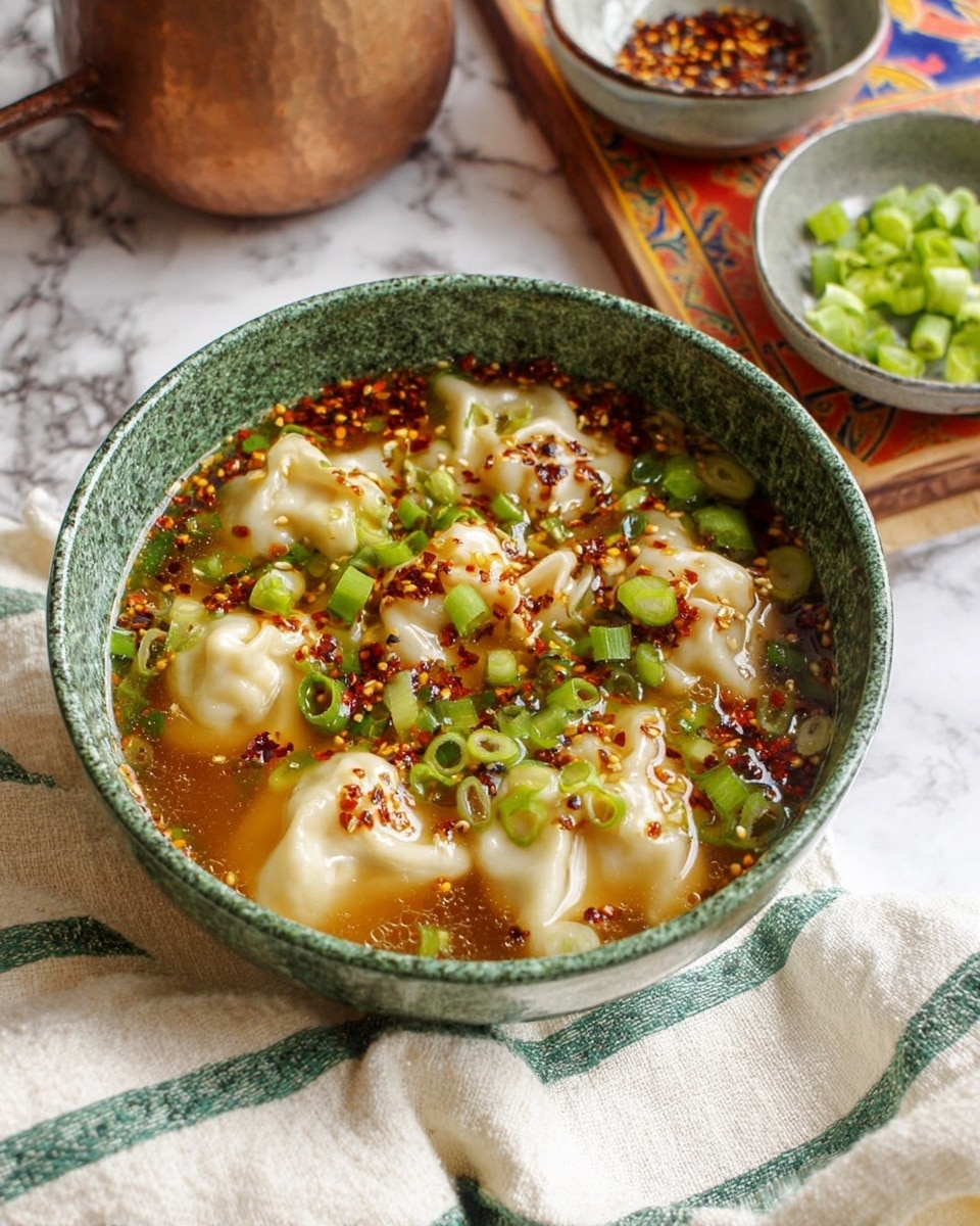 A bowl of soup with about ten white dumplings floating in light brown broth, topped with many bright green chopped spring onions and scattered red chili flakes mixed with sesame seeds and oil, creating a glossy spicy surface. The bowl is round, textured with shades of green and gray, placed on a white marbled surface next to a light cloth with green stripes. In the background, there is a wooden board with more chopped spring onions and a gray bowl with spicy oil, as well as a bronze-colored pot standing on a colorful square tile. Photo taken with an iphone --ar 4:5 --v 7