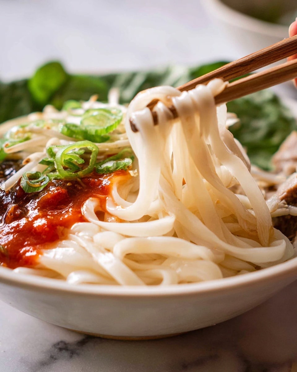 A white bowl filled with thick, smooth, white noodles is shown, with a woman's hand holding wooden chopsticks lifting a few strands of noodles. On one side of the bowl, there is a bright red sauce with a slightly chunky texture, topped with light green sliced scallions. In the background, there are small pieces of light-colored meat and green leafy herbs resting on the white marbled surface. photo taken with an iphone --ar 4:5 --v 7