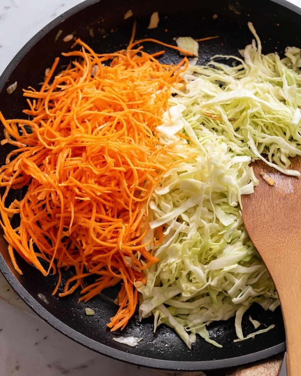 A black pan holds two main layers of shredded vegetables: a large pile of thin, bright orange carrot strips on the left side, and a larger pile of pale green cabbage shreds to the right, some spread out and some more piled. A wooden spatula rests on the right side of the pan, partly under the cabbage, with some cabbage pieces stuck to it. The background and surface are white with a marbled texture. photo taken with an iphone --ar 4:5 --v 7