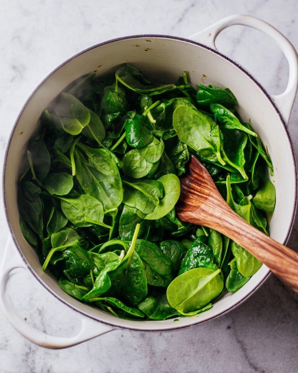 A white pot filled with fresh green spinach leaves, some bright and some darker green, showing fresh and slightly wet textures, with a wooden spoon resting inside the pot stirring the greens. The pot is placed on a white marbled surface, and some steam rises gently from the spinach, showing it is being cooked. photo taken with an iphone --ar 4:5 --v 7