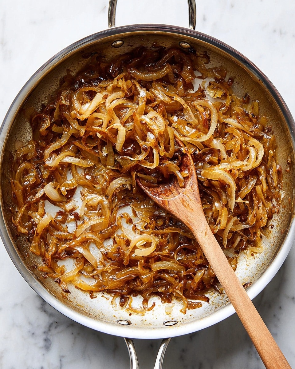 A round stainless steel pan filled halfway with cooked, soft caramelized onions that are golden brown and slightly shiny from oil. The onions are unevenly spread, with some piled toward the upper half. A wooden spoon with a long handle rests inside the pan, lifting some caramelized onions at the center. The pan sits on a white marbled surface, which is clean and bright. The caramelized onions have a slightly glossy texture and are thinly sliced, with some darker brown edges. Photo taken with an iphone --ar 4:5 --v 7