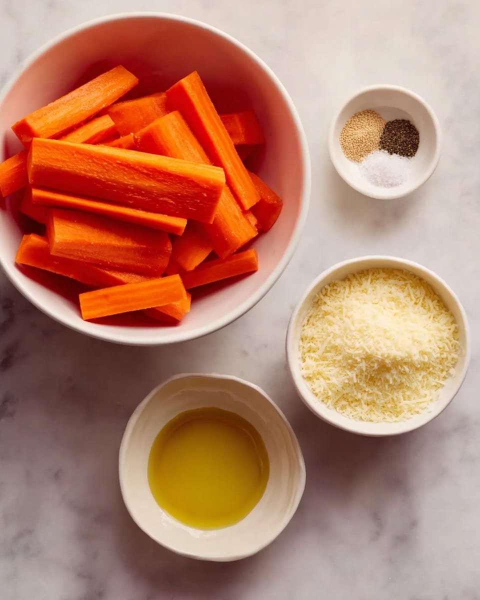 The image shows four white bowls on a white marbled surface. The largest bowl at the bottom is filled with bright orange carrot sticks, roughly the same size and evenly stacked. Above it to the right is a medium bowl filled with pale yellow fine grated cheese. To the left of this is a small bowl of clear golden olive oil. Above the oil and cheese bowls is a tiny bowl containing three different seasonings: a dark brown coarse spice, a light beige fine powder, and small pale yellow grains. The photo is clear and softly lit. photo taken with an iphone --ar 4:5 --v 7