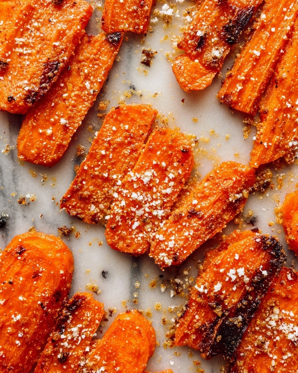 The image shows several pieces of bright orange roasted carrots spread out on a white marbled surface. Each carrot slice has a slightly rough texture with visible grill marks and some parts are darker and crispier, showing a burnt brown color. There is a light sprinkling of coarse white and yellowish seasoning or cheese flakes scattered unevenly over the surface of the carrots, adding a crumbly texture. The overall look is rustic with a mix of soft and crunchy areas on the carrots. photo taken with an iphone --ar 4:5 --v 7