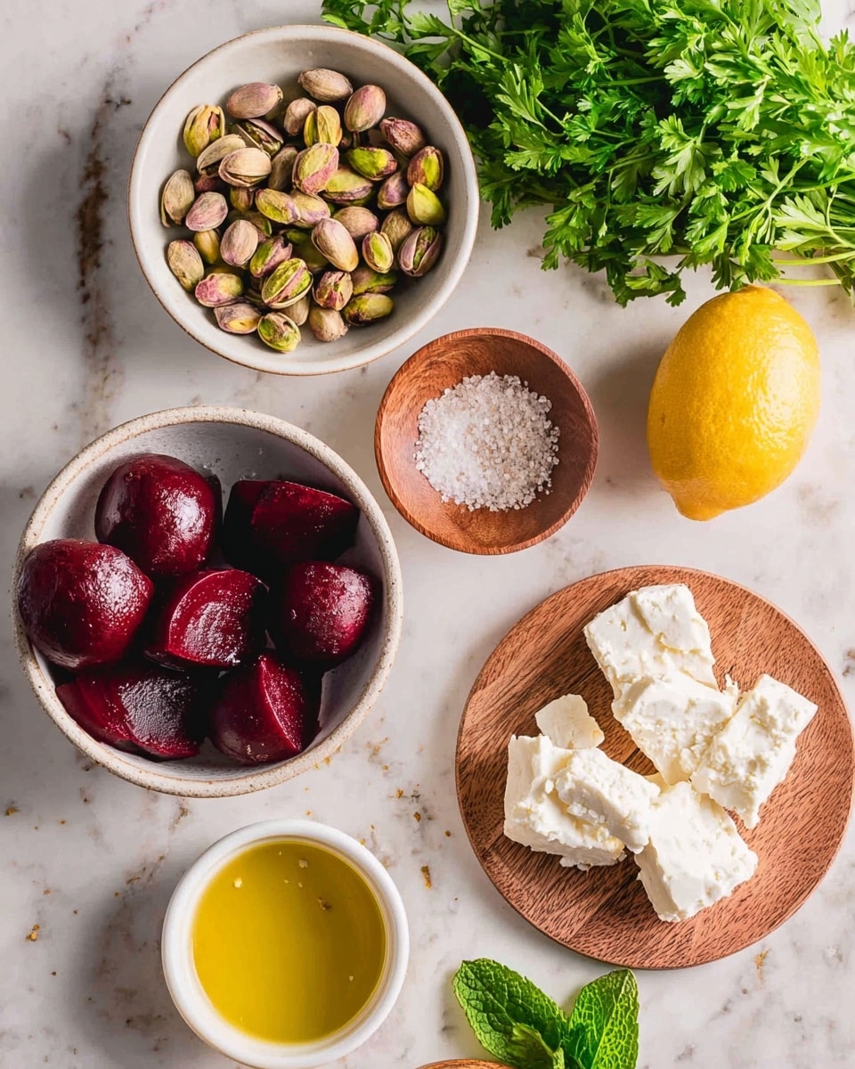 The image shows several items on a white marbled surface, including a white bowl filled with smooth, shiny, deep red cooked beets placed at the bottom left. Above this bowl, there is another white bowl containing a group of greenish-brown pistachio nuts. To the right of the pistachios, a small wooden bowl holds coarse salt with a rough texture. At the top right, a bunch of fresh green parsley sits next to half a lemon with a pale yellow inside. Below the parsley, a round wooden plate has several pieces of crumbly white cheese arranged loosely. At the bottom right, a small white cup holds clear golden yellow olive oil. A few sprigs of fresh green mint leaves lie near the olive oil cup. Photo taken with an iphone --ar 4:5 --v 7