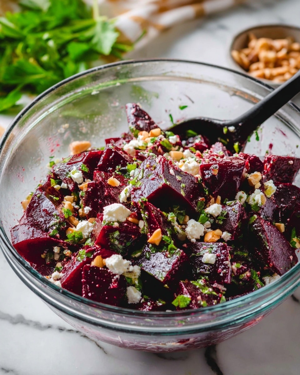 A clear glass bowl holds a mixed salad made of dark red beet pieces cut into medium chunks, with small white crumbles of cheese scattered throughout. Tiny green herb bits and chopped light brown nuts are evenly mixed in, giving the salad a colorful and textured look. The bowl sits on a white marbled surface with blurred green leaves and a small bowl of nuts visible in the background. A black spoon is placed inside the bowl, ready to serve the salad. Photo taken with an iphone --ar 4:5 --v 7