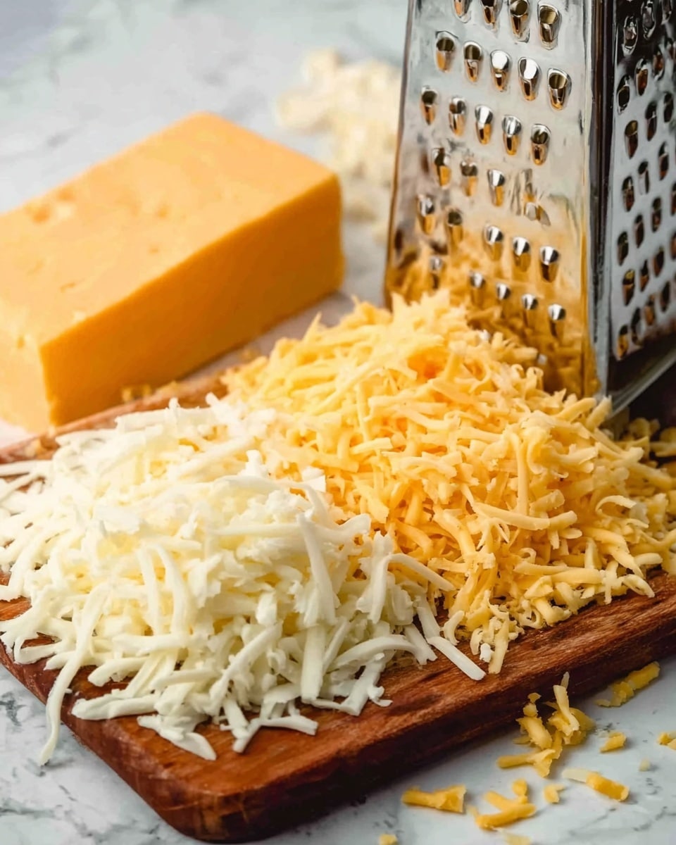 The image shows a wooden board on a white marbled surface with two piles of shredded cheese in front. The pile on the left is white cheese with soft, long shreds. Behind and to the right is shredded yellow cheese with a slightly rougher texture. At the back is a block of orange cheese and a metal cheese grater standing upright, with bits of grated cheese stuck to it. A woman's hand is not visible, but implied by the presence of the grater. Photo taken with an iphone --ar 4:5 --v 7