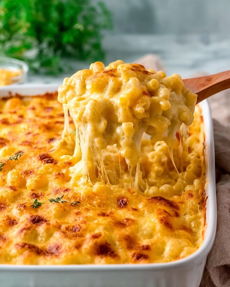 A close-up view of a white baking dish full of golden macaroni and cheese. The top layer is bubbly and browned with melted cheese that stretches in long strings as a wooden spoon held by a woman's hand lifts a portion. The macaroni beneath is creamy and bright yellow with a smooth texture. The scene is set on a white marbled surface with green blurred background elements, creating a warm, inviting look photo taken with an iphone --ar 4:5 --v 7