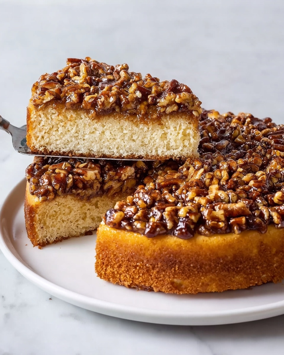 The dish shows a white round cake with a golden brown base and a thick layer of shiny, dark brown pecans on top. The cake looks soft and fluffy with a fine crumb texture inside. A woman's hand is lifting one thick triangular slice of the cake, showing the dense nuts on the top layer and the light cake below. The cake sits on a white plate, which rests on a white marbled surface. The lighting highlights the glossy pecans and the moist texture of the cake inside photo taken with an iphone --ar 4:5 --v 7