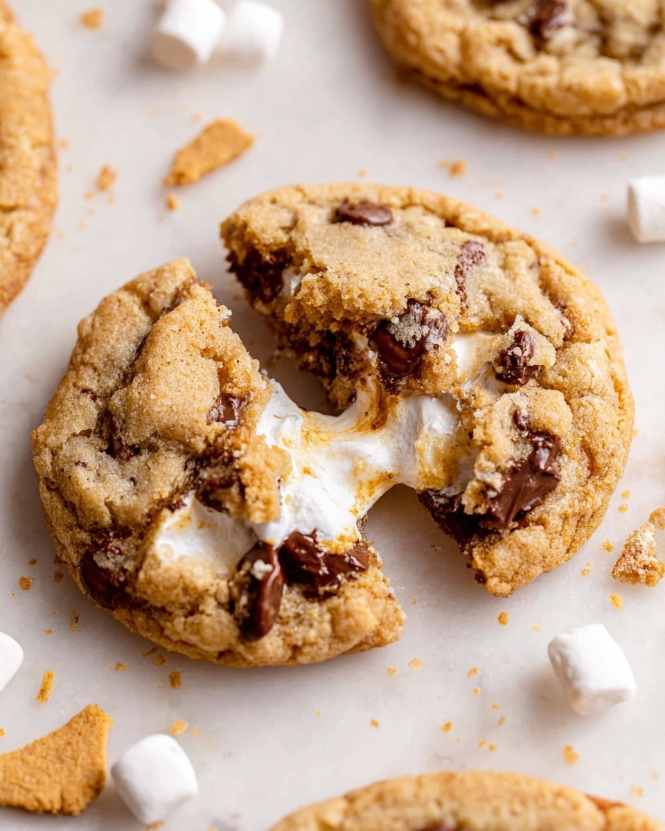 A close-up view of a soft, golden brown cookie broken in half on a white marbled surface. The cookie has visible dark chocolate chunks scattered throughout its light brown dough. A gooey white marshmallow layer stretches between the two halves, showing a melty texture. Around the cookie, there are small pieces of graham crackers and mini marshmallows, adding texture and color contrast. The image is bright and focused on the cookie's inside gooey layers, suggesting warmth and freshness. Photo taken with an iphone --ar 4:5 --v 7