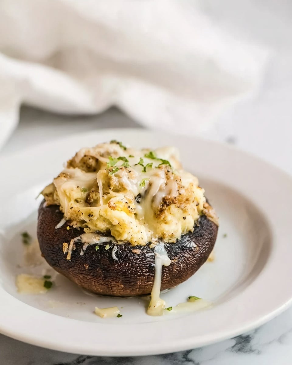 A single large dark brown mushroom cap is placed on a white plate, filled with a creamy, pale yellow mixture that appears soft and slightly textured. The filling is topped with melted white cheese that drips a little down the sides of the mushroom. Small green herb pieces are sprinkled on top for color contrast. The plate rests on a white marbled surface, with a folded white cloth visible in the background. The light is soft and natural, highlighting the smooth and creamy textures of the dish photo taken with an iphone --ar 4:5 --v 7