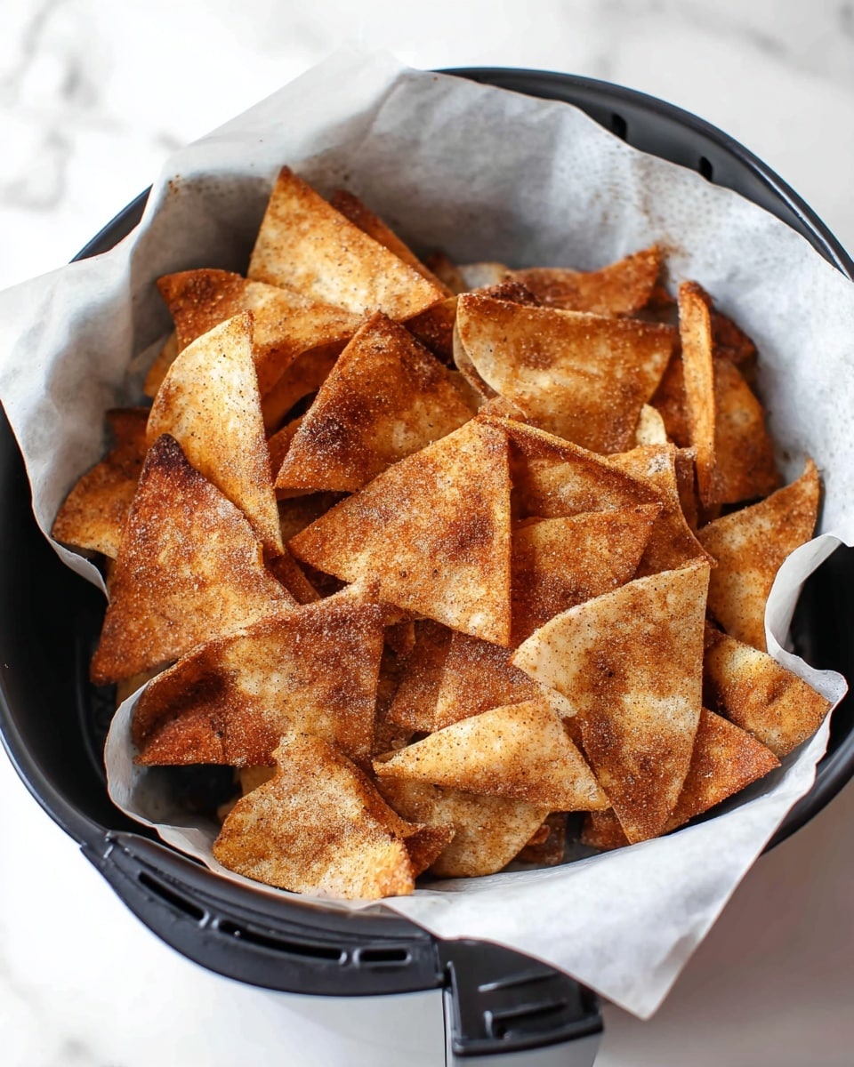 The image shows a black air fryer basket lined with white parchment paper, filled with many golden-brown tortilla chips sprinkled with cinnamon and sugar. The chips are mostly triangular and layered loosely on top of each other, some with darker toasted edges. The basket sits on a white marbled surface, and the texture of the chips looks crispy and well-baked. photo taken with an iphone --ar 4:5 --v 7