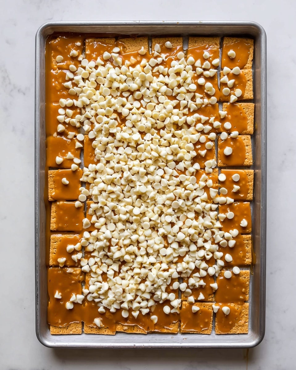 The image shows a baking tray filled with a base layer of square-shaped golden brown crackers arranged neatly in rows. On top of the crackers, there is a thick, even spread of sticky, amber caramel sauce that shines slightly, covering the entire surface of the crackers. Scattered all over the caramel layer are many small white chocolate chips, creating a dense and uneven white layer. The tray sits on a white marbled surface that adds a clean and bright background contrast to the warm colors of the snack. photo taken with an iphone --ar 4:5 --v 7