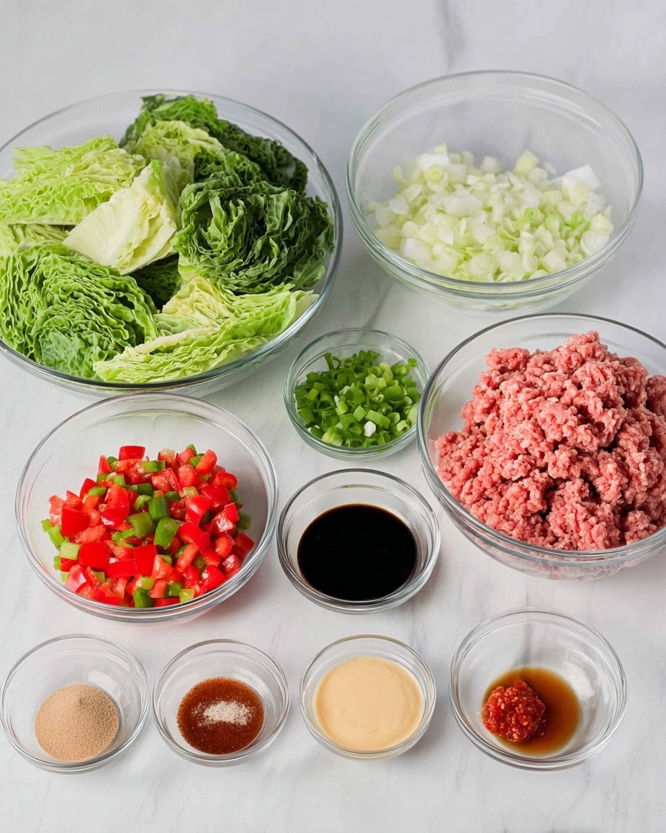 The image shows several clear glass bowls arranged on a white marbled surface with a white background. On the left, there is a large bowl filled with torn green leafy cabbage. Next to it on the right, a large bowl holds raw pink ground meat. Below them, a small bowl has chopped white onions, beside it is another small bowl filled with chopped green onions. To the left, a medium bowl contains diced red tomatoes mixed with small green peppers. In the front row, there are four small bowls: one with light brown sugar, another with dark brown soy sauce, a bowl with a smooth pale yellow paste, and another one with a red chili paste. A very small bowl contains a small amount of light amber liquid close to the brown sugar bowl, and another small bowl has a light minced substance near the garlic and ginger pastes. photo taken with an iphone --ar 4:5 --v 7