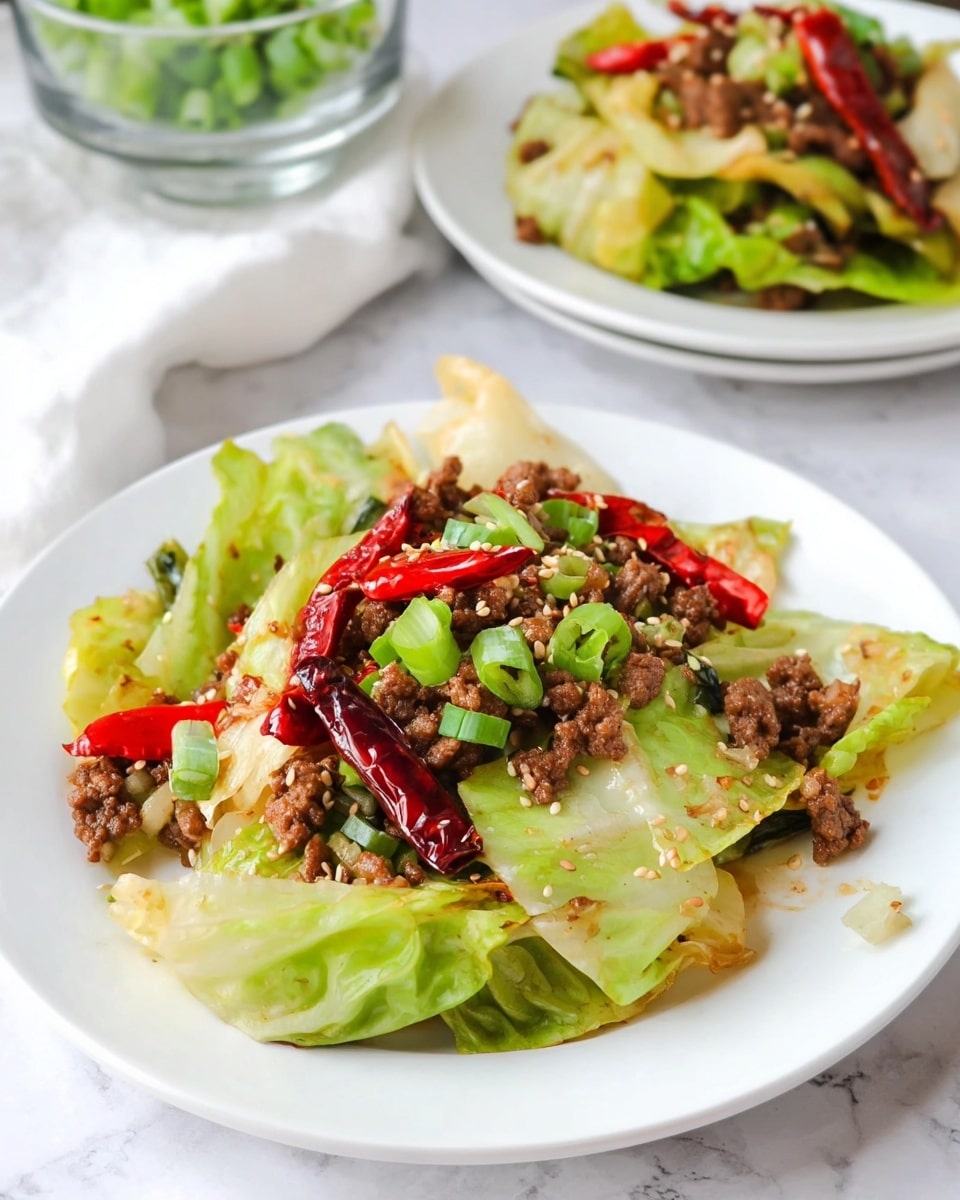 The dish is served on a white plate set on a white marbled surface. It has several layers starting with light green cabbage leaves that look soft and slightly cooked, spread across the plate. On top of the cabbage are small pieces of brown cooked ground meat scattered unevenly. Bright red chili pieces and whole dried red chilies add a pop of color, positioned on top and mixed through the layers. There are also chopped green onions cut into chunks, placed around and inside the dish. White sesame seeds are sprinkled on top, adding tiny white dots for texture. In the background, there is another white plate with the same dish and a glass bowl with chopped green onions. Photo taken with an iphone --ar 4:5 --v 7