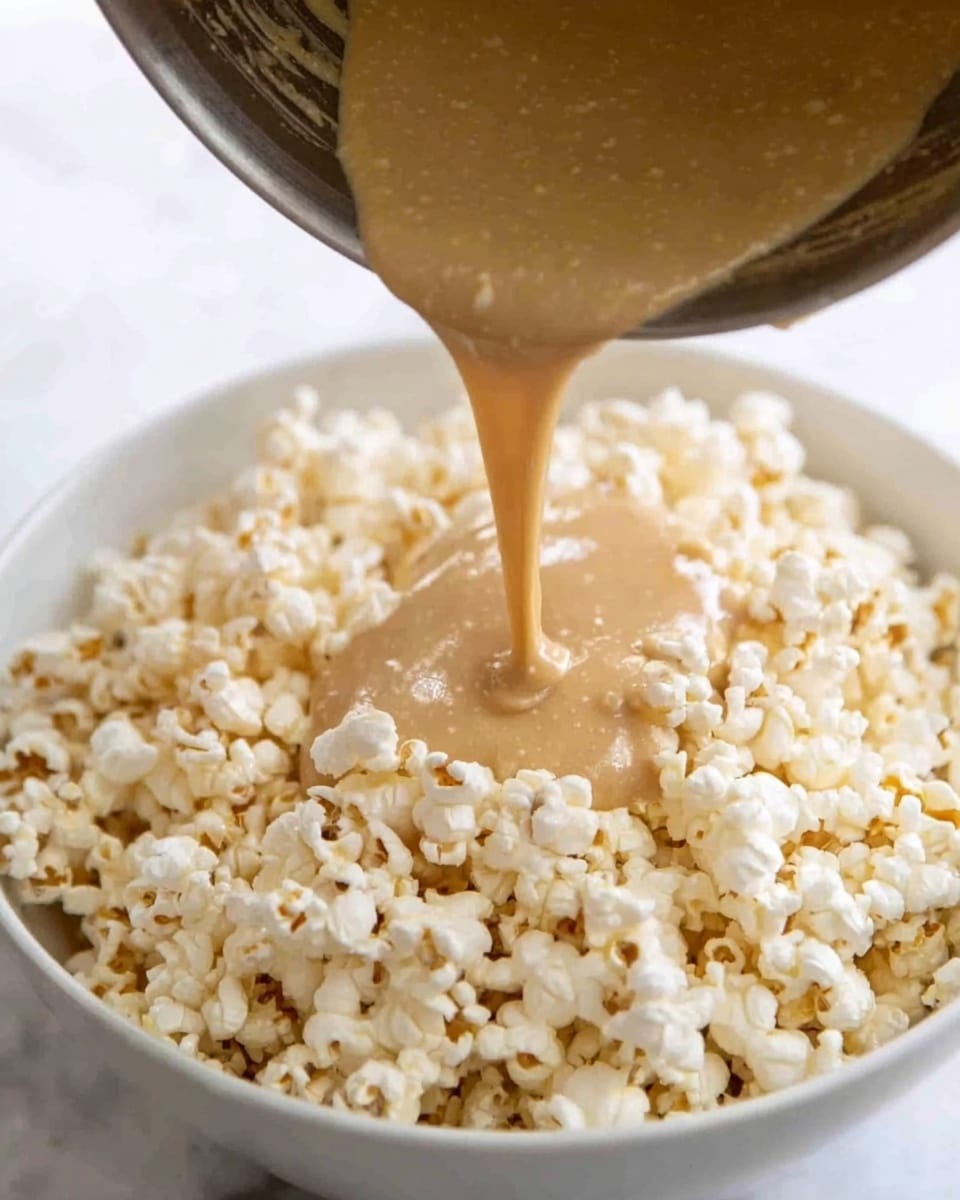 The image shows a close-up of a white bowl filled with popped popcorn. A light brown, thick batter or sauce is being poured slowly from a silver mixing bowl into the popcorn. The batter has a smooth texture with some air bubbles and is falling in a steady stream, covering the top center of the popcorn layer. The surfaces around the bowl have a white marbled texture. photo taken with an iphone --ar 4:5 --v 7
