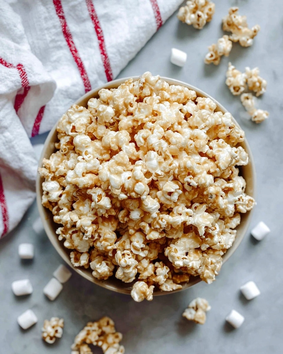 A round white bowl filled to the top with a large pile of caramel popcorn. The popcorn is light golden with a sticky shiny texture and some small clusters. Around the bowl, there are scattered pieces of popcorn and tiny white marshmallows on a white marbled surface. A folded white cloth with red stripes is visible in the top part of the image. photo taken with an iphone --ar 4:5 --v 7