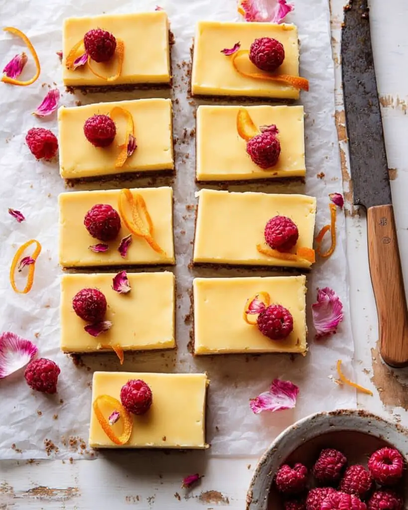 Creamy Lemon Bars with Browned Butter Raspberries Recipe