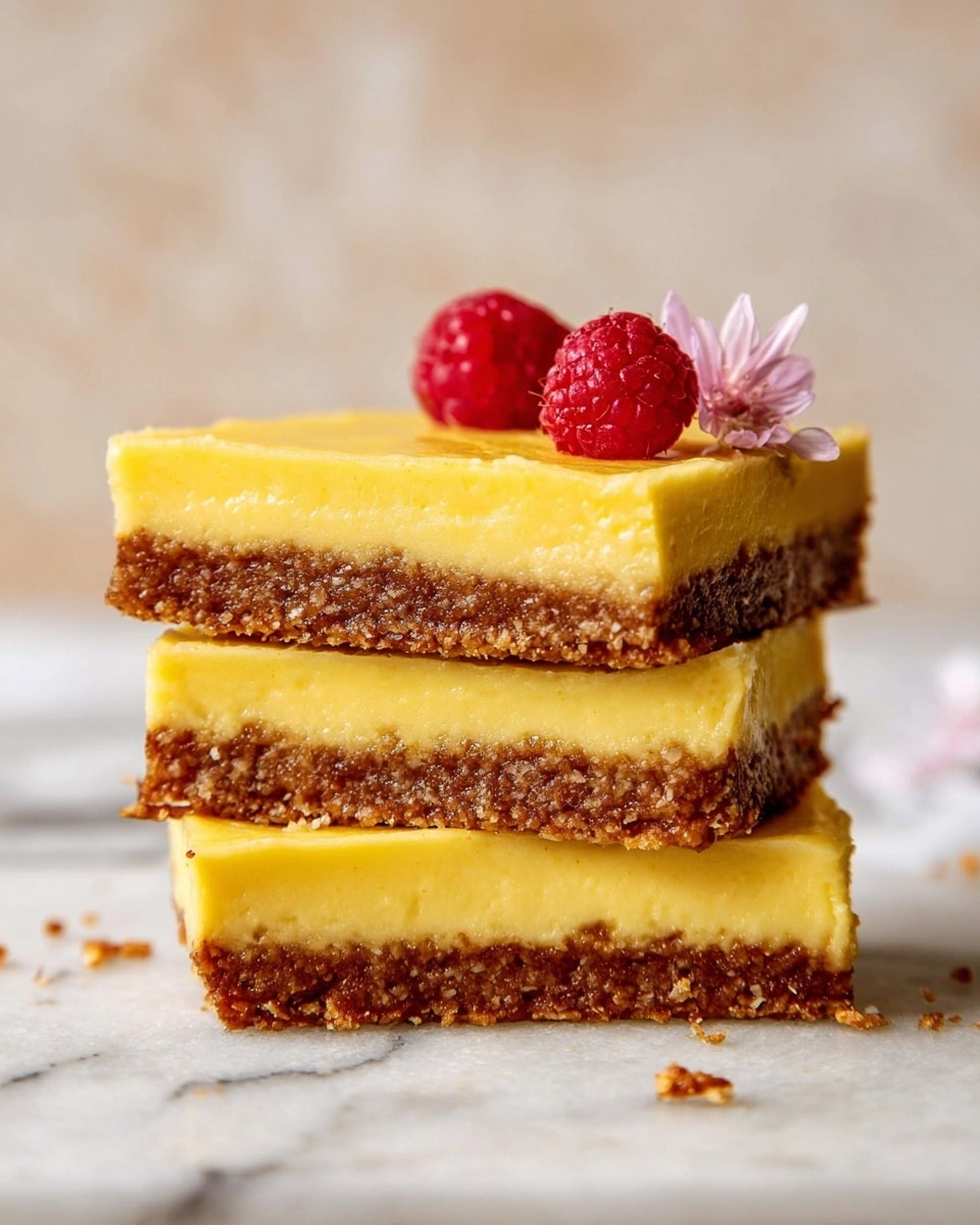 The image shows three rectangular bars stacked on top of each other, each bar has two layers: a bottom brown crumbly crust and a top layer of smooth, bright yellow custard-like filling. On the top bar, two fresh red raspberries and a small light pink flower are placed as decoration. The bars are set on a white marbled surface with a soft, neutral background. The texture of the yellow layer is creamy and slightly shiny, while the brown base looks firm and grainy. Photo taken with an iphone --ar 4:5 --v 7