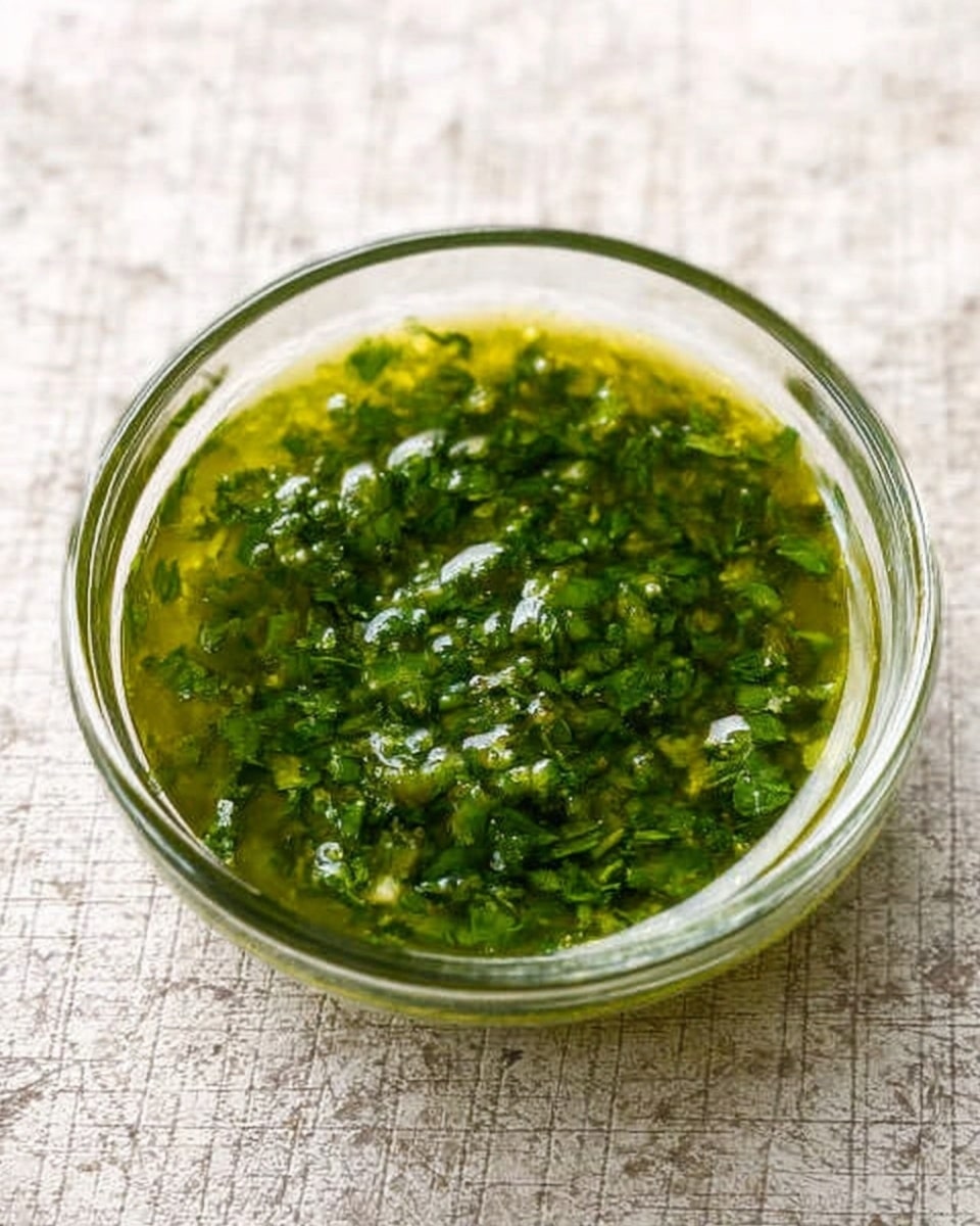 A small clear glass bowl filled with green sauce that looks like it has chopped herbs mixed into an oily base. The sauce has a shiny, wet texture with visible small bits of herbs floating in the light green liquid. The bowl is placed on a white marbled textured surface. photo taken with an iphone --ar 4:5 --v 7