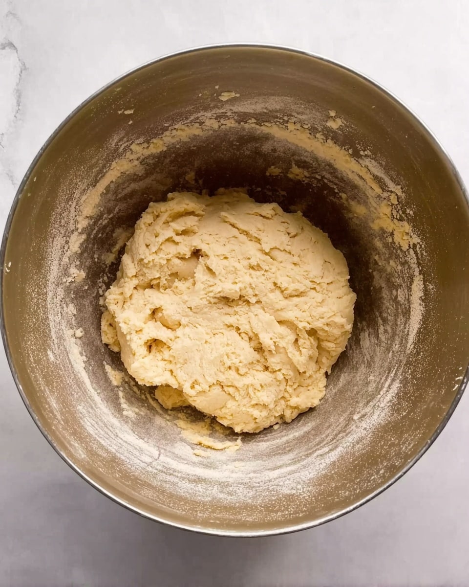 A close-up view of pale yellow dough with a slightly crumbly texture sitting inside a large metal bowl with visible remnants of dough stuck to the sides. The dough appears soft and thick, occupying the middle area of the bowl. The inside of the bowl is shiny but has dull patches where the dough touches it. The entire scene is set against a white marbled texture background. photo taken with an iphone --ar 4:5 --v 7