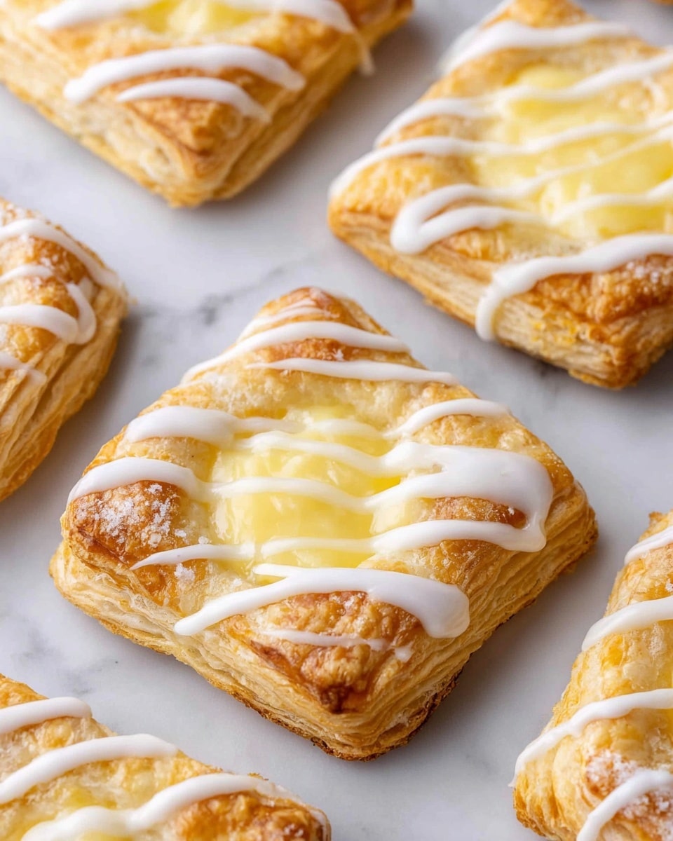 The image shows several pastries laid on a white marbled surface. Each pastry has a flaky, golden-brown crust forming the bottom layer, topped with a slightly sunken creamy, pale yellow cheese filling in the center. White icing is drizzled in thin, diagonal lines across the top of each pastry, creating a contrast with the golden crust and light filling. The pastries are square with slightly rounded edges, showing a soft and baked texture. Photo taken with an iphone --ar 4:5 --v 7