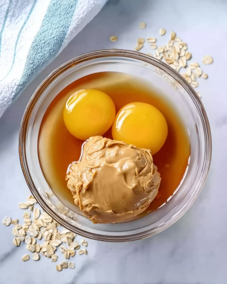 A clear glass bowl sits on a white marbled surface, filled with three main ingredients visible from the top. At the center, there is a large dollop of smooth, light brown peanut butter. Behind it, two whole raw eggs with bright yellow yolks are placed side by side, surrounded by a pool of amber-colored liquid, likely syrup or honey. Small scattered oats lie around the bowl on the surface, adding texture to the scene. A white and light blue striped cloth peeks from the top left corner. photo taken with an iphone --ar 4:5 --v 7
