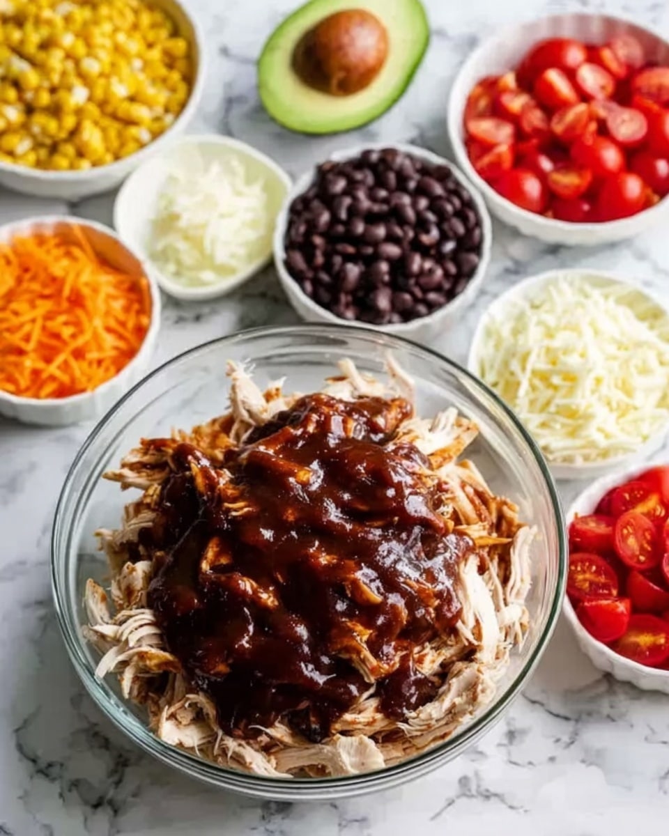 The image shows a clear glass bowl in the center filled with shredded white chicken topped with a thick, dark brown sauce. Surrounding the bowl are small white plates or dishes holding different colorful ingredients: one with black beans, sweet yellow corn, and bright orange diced carrots arranged separately; one with shredded white cheese; and one with small diced red tomatoes. Behind the main bowl is a halved avocado with a seed. The whole scene is set on a white marbled surface. photo taken with an iphone --ar 4:5 --v 7