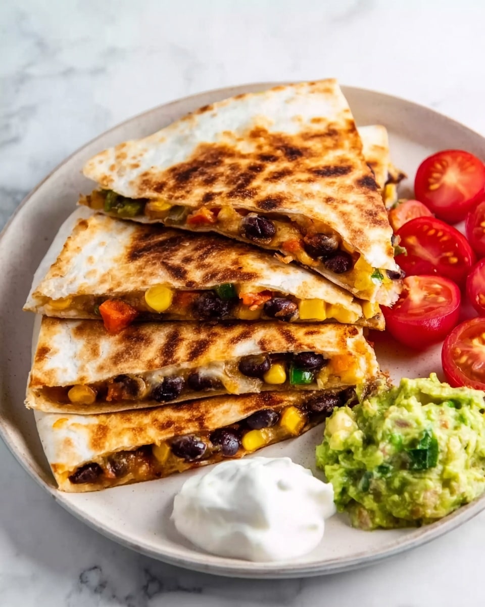The image shows a white plate with four triangle-shaped quesadilla slices stacked slightly on each other, the top layer having a golden-brown toasted texture with some dark spots. Inside the quesadilla, layers of black beans, corn, and small pieces of orange and green vegetables are visible. On the side of the plate, there are three bright red cherry tomatoes, a scoop of creamy white sauce, and a serving of light green guacamole with small chunks. The plate is placed on a white marbled surface. Photo taken with an iphone --ar 4:5 --v 7