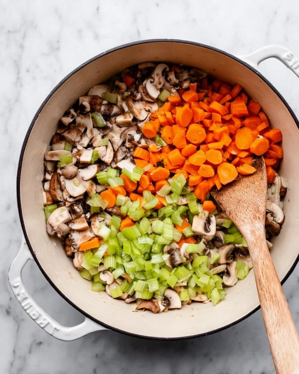A white pot with black rim is on a white marbled surface, filled with diced mushrooms, bright orange sliced carrots, and chopped green celery mixed together. A wooden spoon rests inside the pot on the right side, partially covering the vegetables. The colors are fresh and vibrant with the white pot showing a clean contrast against the colorful vegetables. photo taken with an iphone --ar 4:5 --v 7