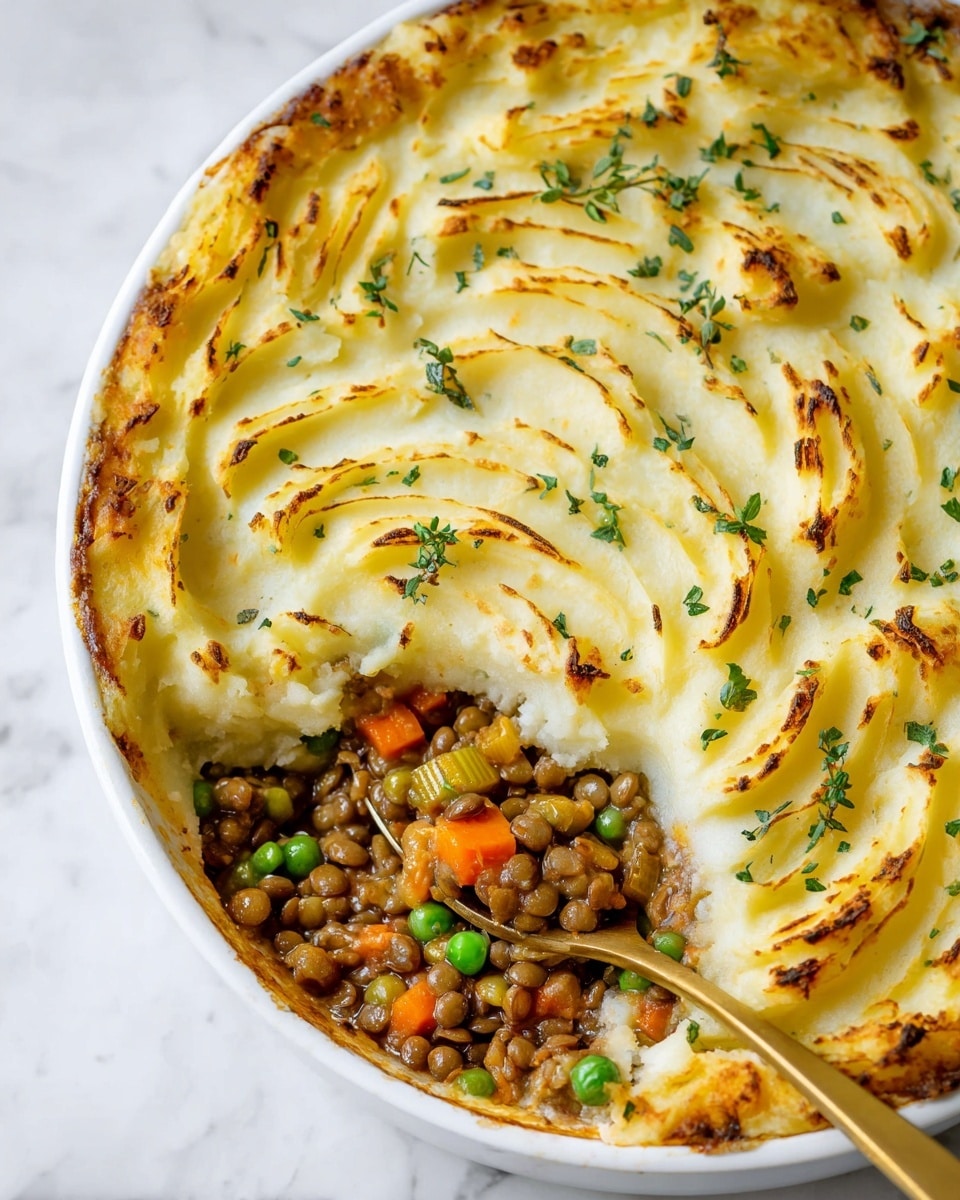 A white round dish holds a two-layered lentil shepherd's pie. The top layer is a creamy pale yellow mashed potato with gentle swirling patterns, light golden brown spots from baking, and sprinkled green herb pieces. The bottom layer is a rich mix of brown lentils, bright green peas, orange carrot slices, and celery pieces, all in a thick savory sauce. A gold spoon rests in the dish, scooping a portion of both layers. The dish is set on a white marbled surface. photo taken with an iphone --ar 4:5 --v 7