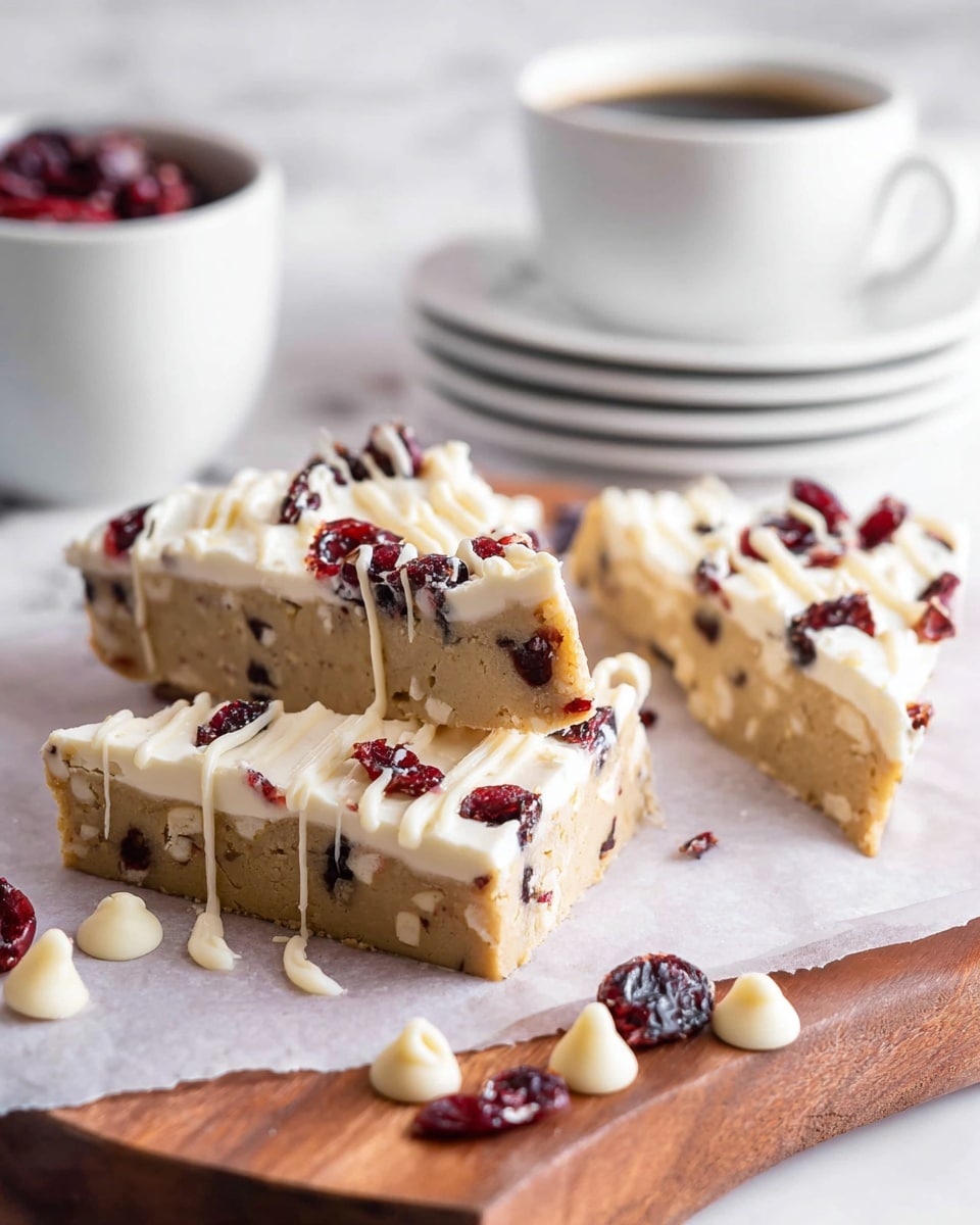 This image shows three thick triangular bars arranged on a sheet of parchment on a wooden board. Each bar has two main layers: the bottom layer is pale beige with a chewy texture and visible white chocolate chips inside, while the top layer is white frosting cream covered with scattered dark red dried cranberry pieces and a light drizzle of white chocolate. Around the bars on the parchment and board are a few extra white chocolate chips and dried cranberries. In the background, there is a white cup filled with black coffee, with white cups and stacked white plates blurred behind it. The entire scene is on a white marbled surface. photo taken with an iphone --ar 4:5 --v 7