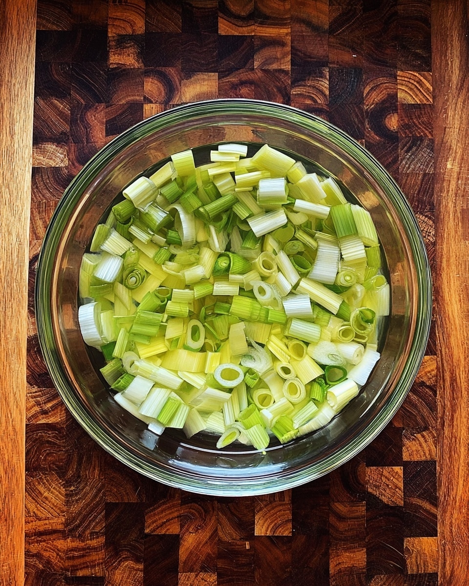 A clear glass bowl filled with many pieces of chopped leeks in water. The leeks show layers of pale green, light yellow, and white rings and strips, floating and partly submerged in clear water. The bowl sits on a thick wooden chopping board with a rich pattern of dark and light wood patches and grains. photo taken with an iphone --ar 4:5 --v 7