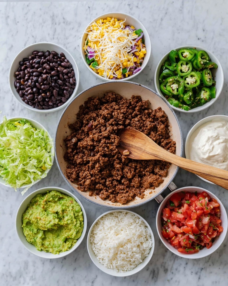 A white pan filled with cooked brown ground meat sits in the center, with a wooden spoon resting inside it. Surrounding the pan on a white marbled surface are eight white bowls containing different food items arranged in a loose circle: at the top, white shredded cheese and corn mixed with chopped red onion and green herbs; to the right, light creamy yogurt and sautéed green peppers with onions; below, black beans and bright green mashed guacamole; at the bottom, fresh red tomato salsa and plain cooked white rice; and to the left, chopped green lettuce. photo taken with an iphone --ar 4:5 --v 7