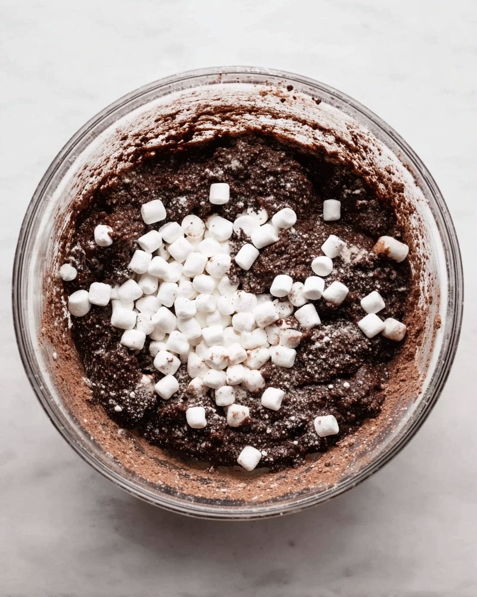 A clear glass mixing bowl is filled with a thick dark brown dough that looks dense and slightly sticky. The dough has small white mini marshmallows spread over the top, some partly pressed into the dough surface. The inside of the bowl shows some streaks of cocoa powder and dough residue, giving a textured look. The bowl sits on a white marbled surface with soft natural light enhancing the contrast between the dark dough and bright marshmallows. photo taken with an iphone --ar 4:5 --v 7
