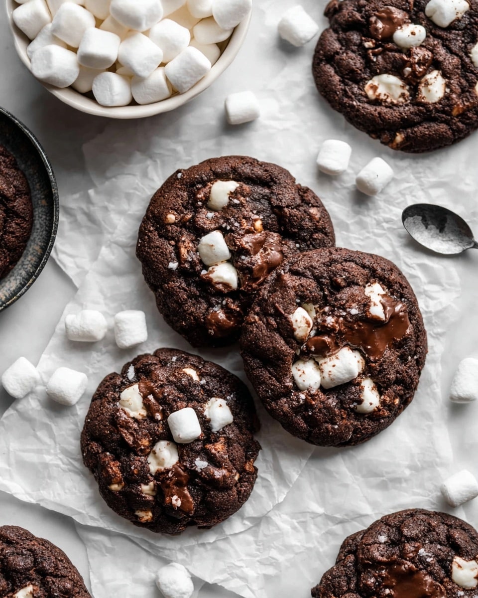 The image shows several dark brown chocolate cookies with small white marshmallows scattered on and around them. The cookies have a rough texture with visible melted chocolate bits and marshmallows embedded in the surface. They are placed on top of crumpled white parchment paper set on a white marbled surface. In the corner, a white bowl is filled with mini marshmallows, and a silver spoon rests on a dark dish. The scene captures a cozy and sweet dessert look, photo taken with an iphone --ar 4:5 --v 7