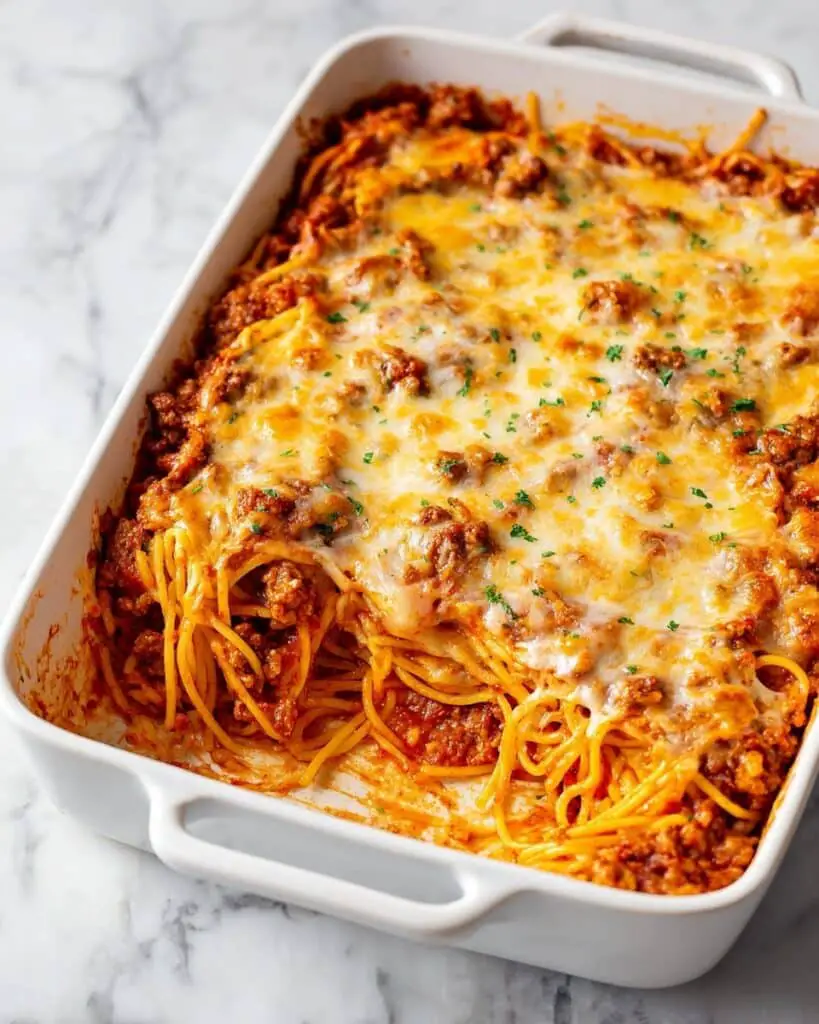 Easy Baked Spaghetti with Ground Beef and Cheesy Topping Recipe