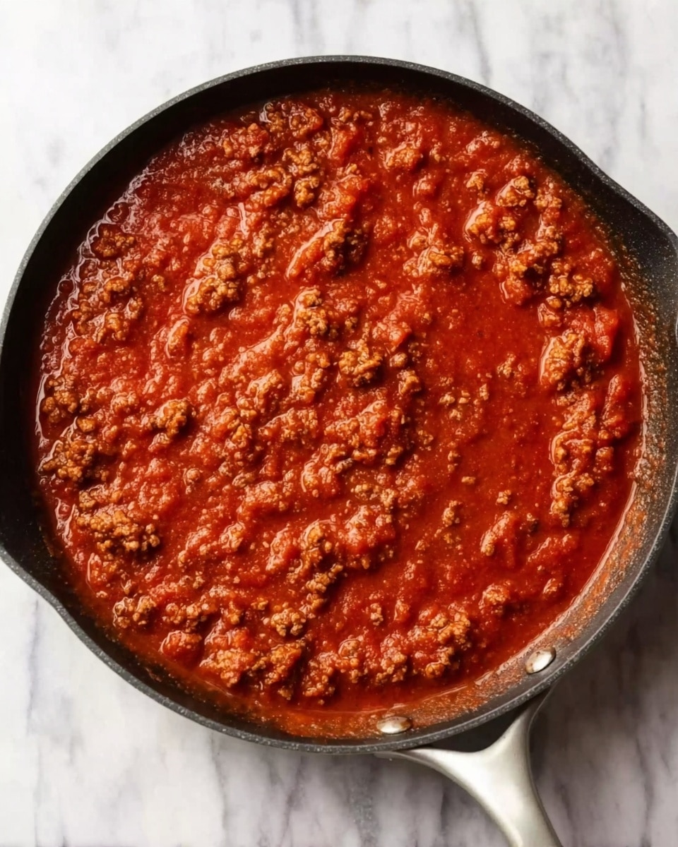 A black cast iron pan filled with thick, red tomato sauce mixed with browned ground meat pieces. The sauce has a chunky texture with visible bits of meat evenly spread throughout the surface. The pan sits on a white marbled surface, showing some sauce close to the pan's edge but neatly contained. The handle of the pan extends outwards and is light gray in color. photo taken with an iphone --ar 4:5 --v 7