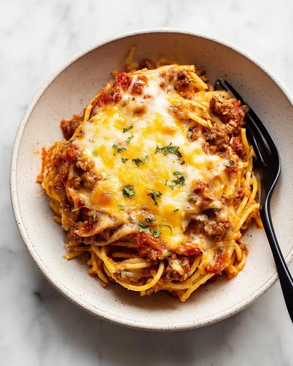 A round serving of baked spaghetti is placed in the center of a white bowl with a rough texture. The spaghetti is layered with a rich red tomato sauce mixed with small chunks of browned meat, topped generously with melted golden-yellow cheese that is slightly browned on the edges. Small green herb bits are sprinkled on top, adding a touch of color. A black fork rests on the left side inside the bowl. The bowl sits on a white marbled surface. photo taken with an iphone --ar 4:5 --v 7
