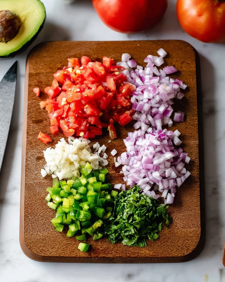 A brown cutting board on a white marbled surface holds five piles of chopped ingredients: bright red diced tomatoes in the center front, small green diced peppers to the left, finely minced white garlic in the front right, a pile of white and purple chopped red onions at the back left, and chopped dark green cilantro at the back right. In the background, there is a whole tomato and half of a green avocado with the pit removed. Photo taken with an iphone --ar 4:5 --v 7