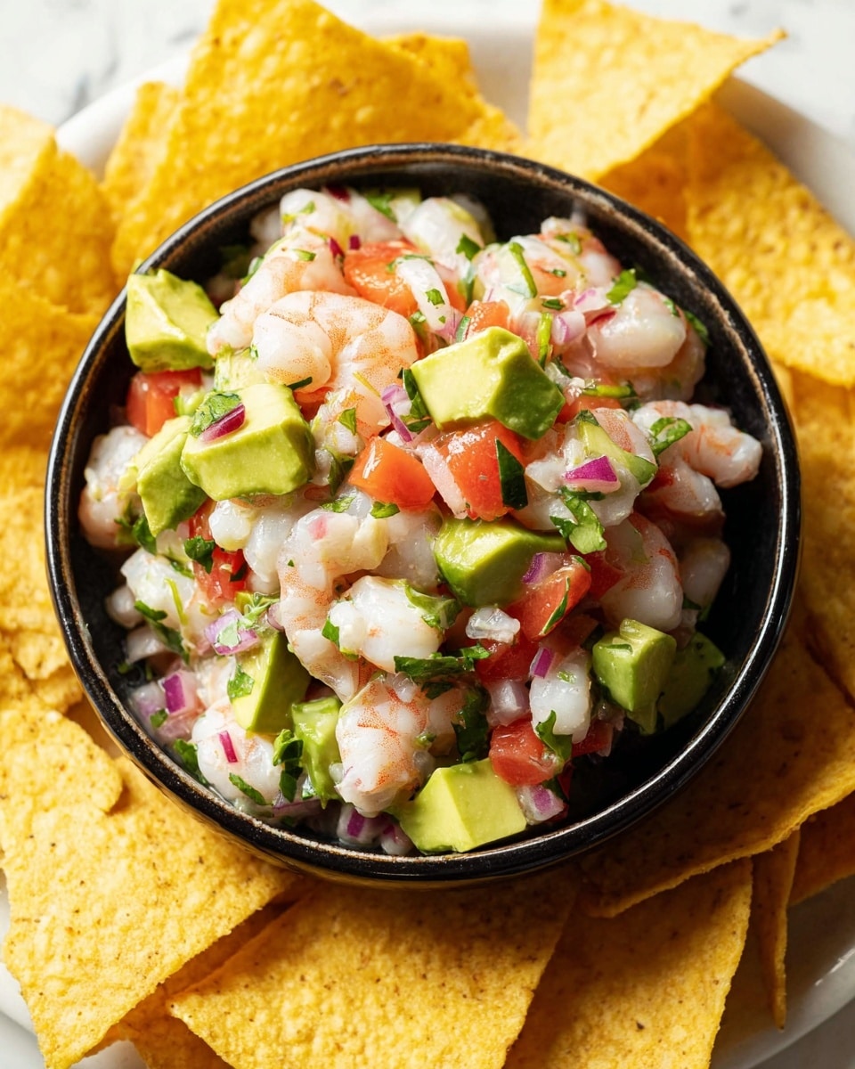A small black bowl filled with a colorful shrimp ceviche mix, containing white and pink shrimp pieces, green avocado cubes, red tomato chunks, finely chopped red onion, and green herbs scattered throughout. The bowl is placed on a white marbled surface and surrounded by yellow tortilla chips, some overlapping the bowl's edges. The textures in the ceviche appear fresh and slightly juicy, with bright and contrasting colors. Photo taken with an iphone --ar 4:5 --v 7