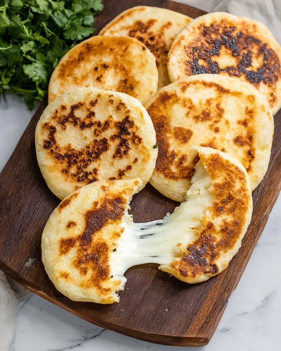 The image shows six small round flat breads with a golden-brown toasted surface and some darker toasted spots, arranged on a dark wooden board. One flat bread in the front is broken in half, revealing a stretchy white melted cheese inside that pulls between the two halves. The flat breads have a slightly rough texture and a light beige color under the toasted areas. In the top left corner, a small bunch of fresh green cilantro is partially visible. The setup is on a white marbled surface. photo taken with an iphone --ar 4:5 --v 7