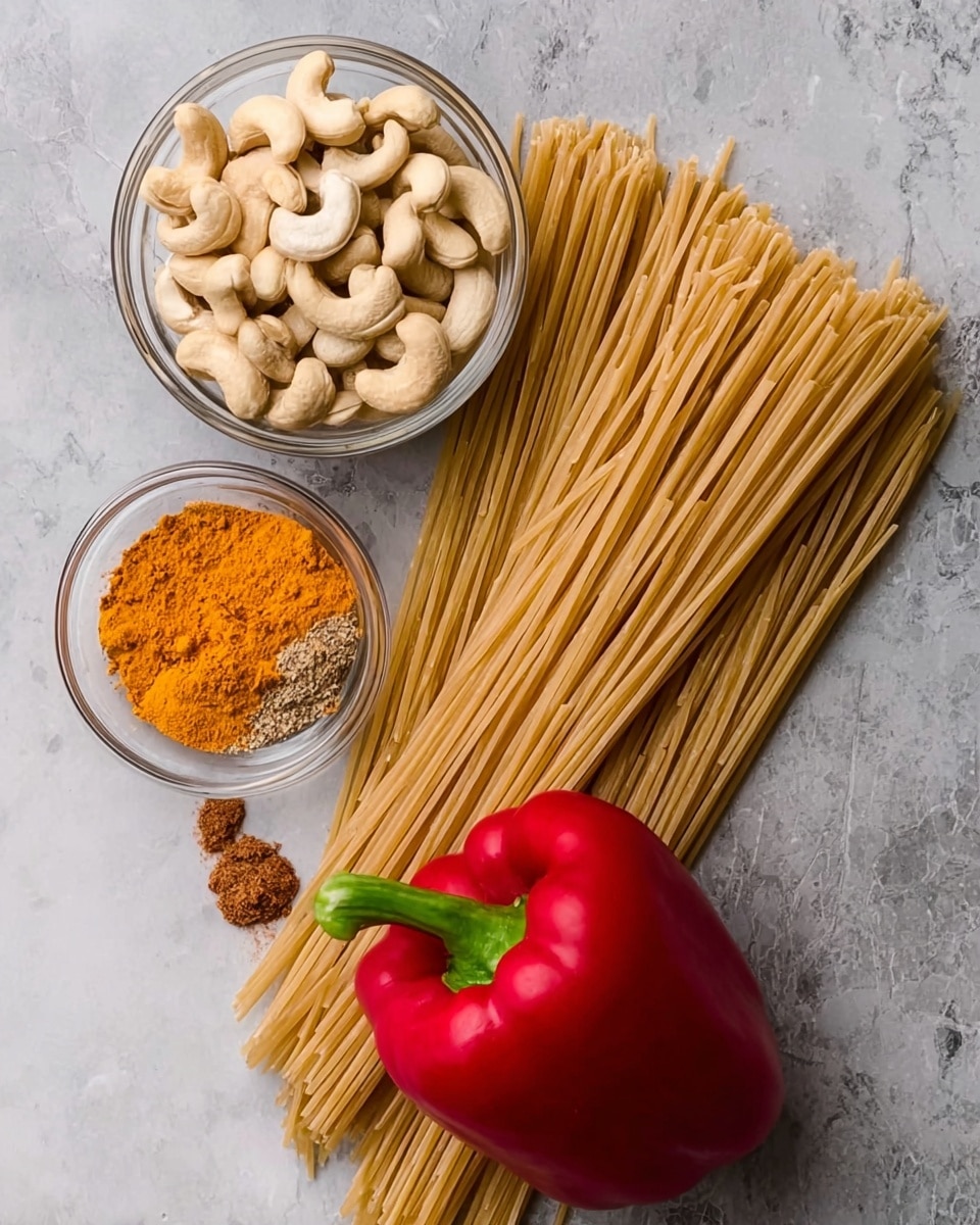 The image shows a close top view of dry long pasta laid out in the middle on a white marbled surface with a small glass bowl of cashew nuts on the upper left and another small glass bowl containing a mix of orange and yellow spices below the pasta. A whole red bell pepper with a green stem is placed on the right side of the pasta. The colors vary with the light beige pasta, pale beige cashews, bright red pepper, and the warm spices, all arranged neatly. Photo taken with an iphone --ar 4:5 --v 7
