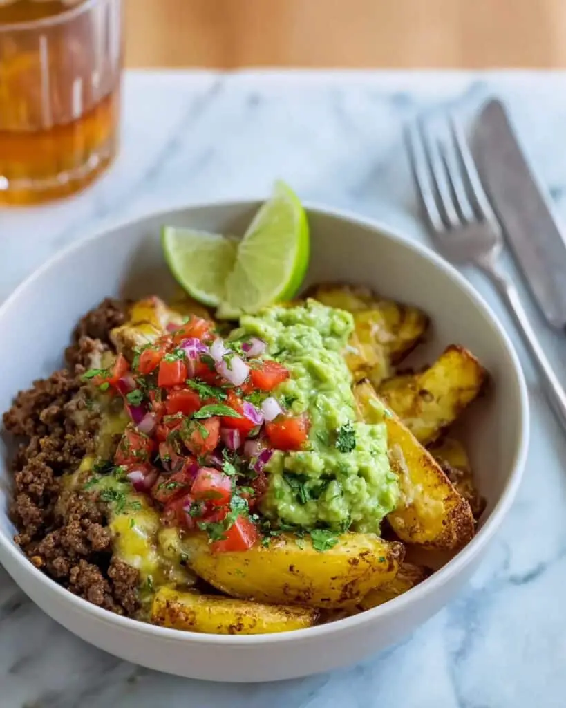 Loaded Potato Taco Bowl with Crispy Potatoes, Spiced Beef, Guacamole, and Salsa Recipe
