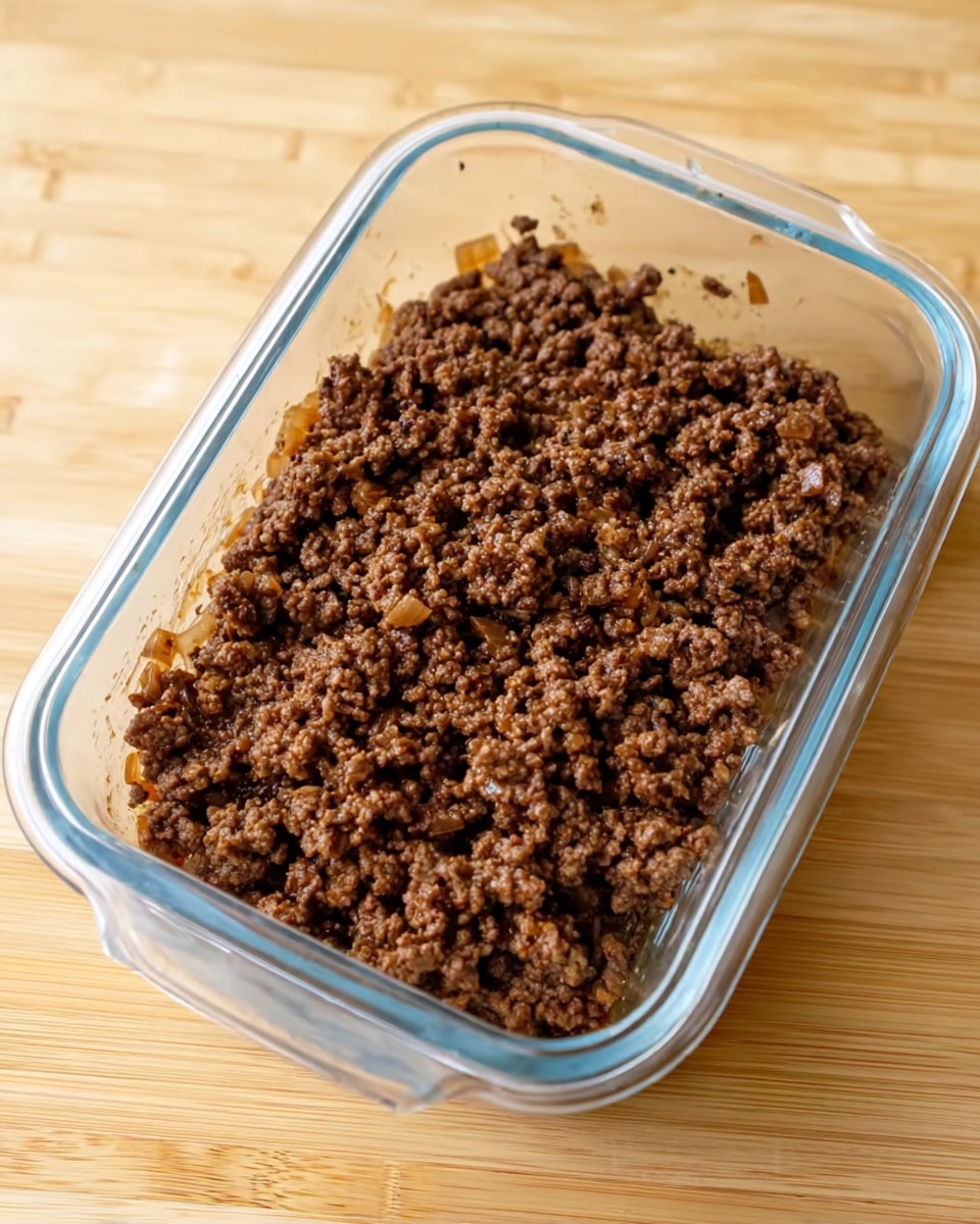 A close-up view of a clear rectangular glass container filled with cooked ground beef mixed with small pieces of cooked onion. The beef is dark brown and crumbly, spread evenly to cover the entire surface of the container. The container sits on its clear plastic lid, resting on a light wooden surface instead of the white marbled texture in the instructions. Photo taken with an iphone --ar 4:5 --v 7