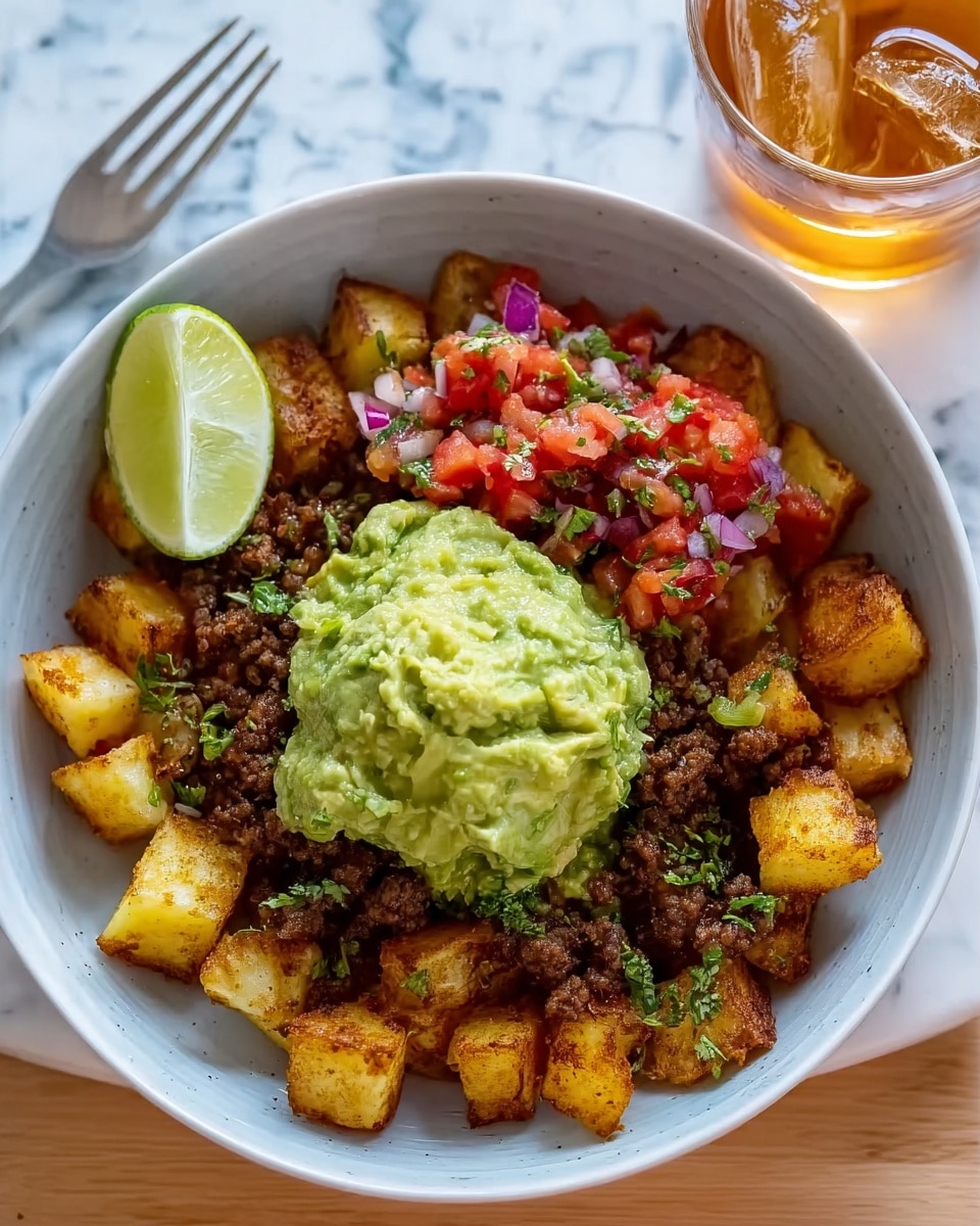 A white bowl filled with three main layers: a base layer of golden brown, crispy potato cubes; a middle layer of dark brown cooked ground meat scattered evenly over the potatoes; and on top, a mound of bright green mashed avocado with a chunky texture. There is also a colorful topping of chopped red tomatoes mixed with bits of purple onion and green herbs, placed on one side of the avocado. A fresh lime wedge rests on the edge of the bowl. The bowl sits on a white marbled surface next to a fork and a glass of amber liquid with ice. Photo taken with an iphone --ar 4:5 --v 7