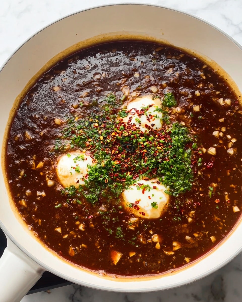 A white pan filled with a thick, dark brown sauce that looks smooth and shiny, with small pieces of chopped garlic scattered all over the surface. On top of the sauce, there are three dollops of white butter melting and surrounded by green herbs finely chopped, with some red chili flakes sprinkled in the middle, creating a colorful contrast. The pan is on a white marbled surface, and the sauce looks rich and flavorful with a mix of textures from the soft butter and crunchy garlic pieces. photo taken with an iphone --ar 4:5 --v 7