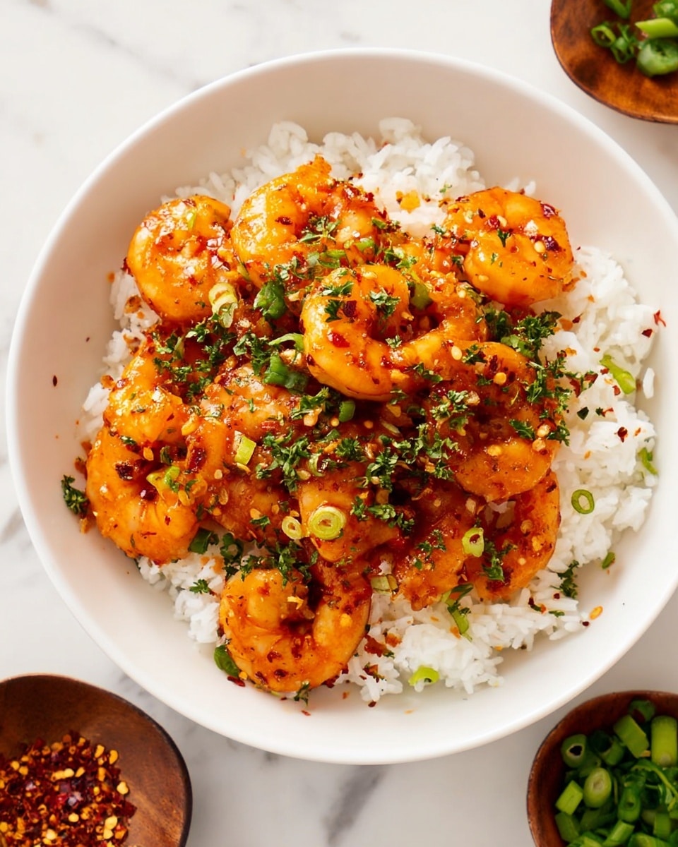 A white bowl filled with a layer of white rice at the bottom, topped with bright orange shrimp coated in a glossy, spicy sauce with visible chili flakes and bits of green herbs. The shrimp are spread evenly, and the dish is garnished with sliced green onions and sprinkled with finely chopped parsley over both the shrimp and rice. The bowl sits on a white marbled surface, with a small wooden bowl of chopped green onions partly visible on the right side and a small dish with chili flakes on the lower left. Photo taken with an iphone --ar 4:5 --v 7