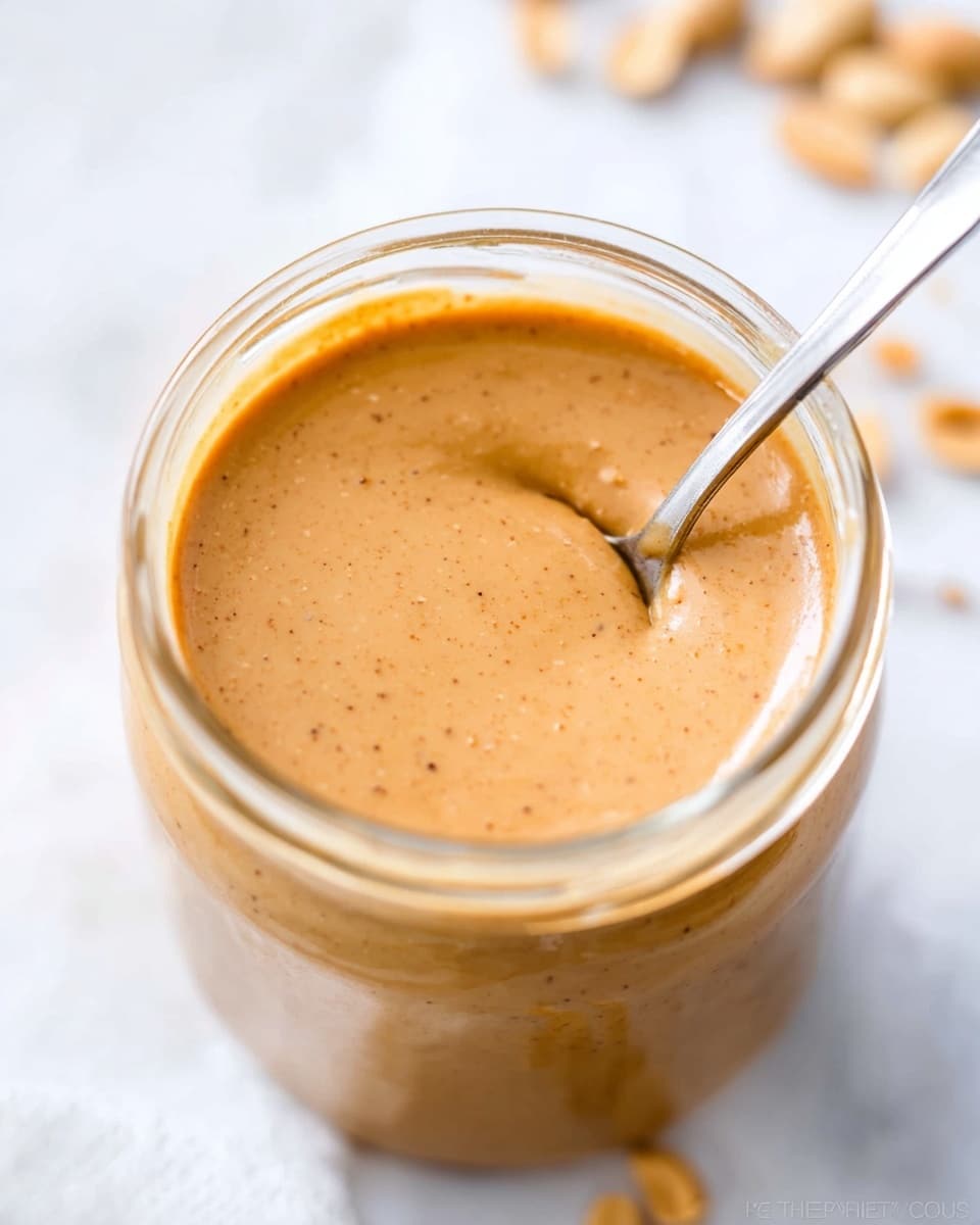 A close-up view of a clear glass jar filled with smooth peanut butter of a light brown color with tiny darker specks. A metal spoon is dipped into the jar, slightly stirring the creamy texture on the surface. The jar sits on a white marbled surface with some blurred peanut pieces visible in the background. The image is bright and sharp, showing the creamy and thick consistency of the peanut butter. photo taken with an iphone --ar 4:5 --v 7