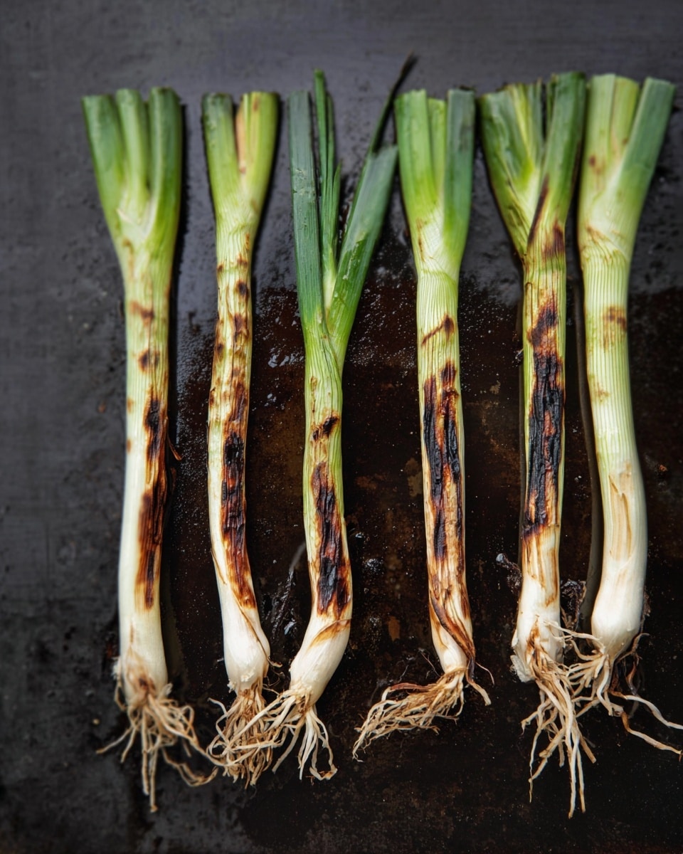 Six long green onions are laid out side by side on a dark cooking surface. Each green onion has thin white roots at one end and green leafy tops at the other. The middle parts of the green onions are slightly charred with brown and black grill marks, showing a cooked texture. The green parts have a bit of a charred look but still keep their green color. The cooking surface is smooth and dark, contrasting with the light green and white of the onions. Photo taken with an iphone --ar 4:5 --v 7