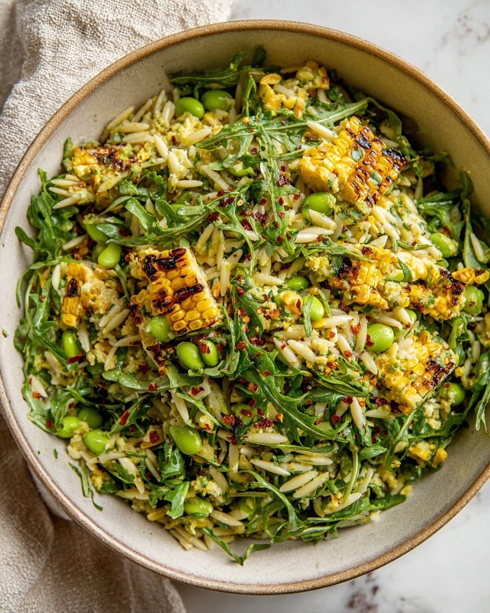 The image shows a close-up view of a mixed salad inside a large bowl with a light brown rim. The salad has many layers of ingredients: grilled pieces of yellow corn with some dark char marks, fresh bright green arugula leaves with a slightly rough texture, small pale yellow orzo pasta scattered throughout, light green edamame beans, and thin off-white slices of what looks like almond or cheese. The salad is sprinkled with small red chili flakes and finely chopped herbs, adding specks of red and green all over. The bowl sits on a white marbled textured surface with a beige cloth partly visible near the top left. photo taken with an iphone --ar 4:5 --v 7